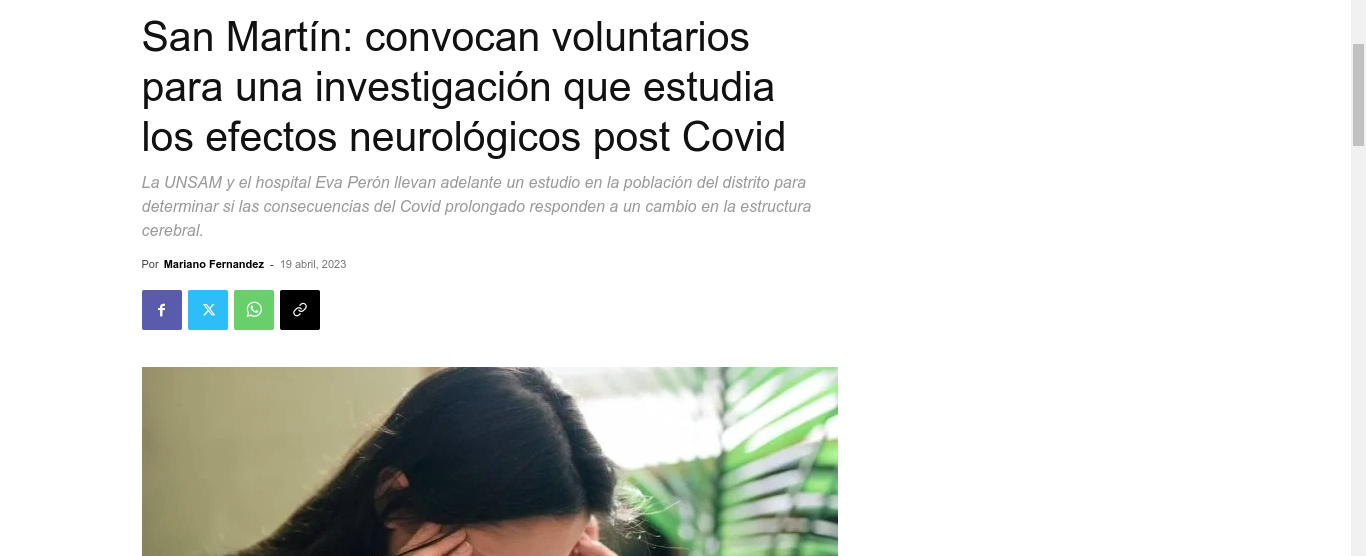 San Martín: convocan voluntarios para una investigación que estudia los efectos neurológicos post Covid