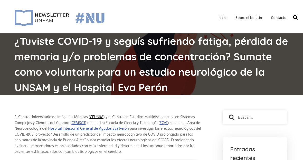 ¿Tuviste COVID-19 y seguís sufriendo fatiga, pérdida de memoria y/o problemas de concentración? Sumate como voluntarix para un estudio neurológico de la UNSAM y el Hospital Eva Perón